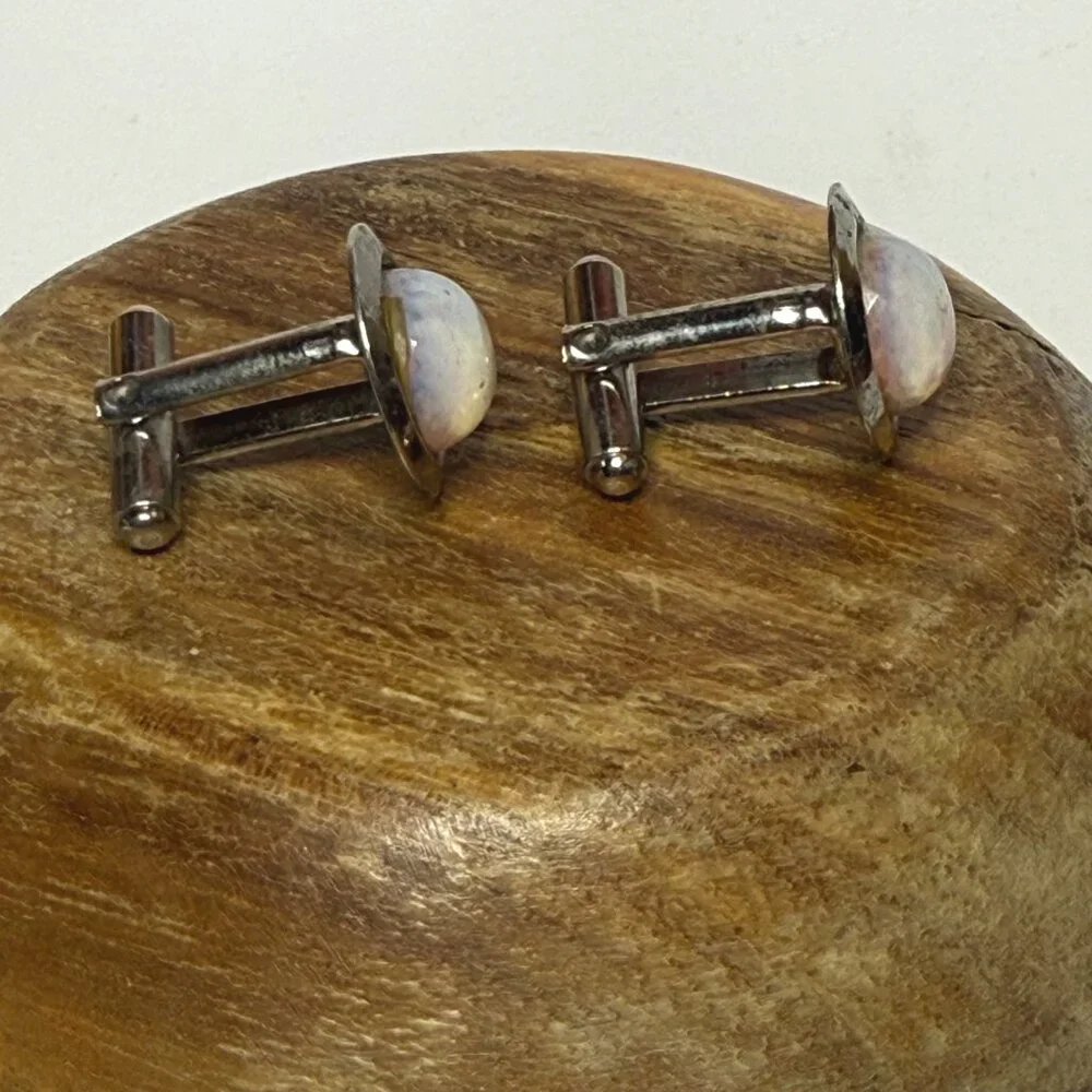 Vintage Silver-Tone Opalescent Round Cuff Links